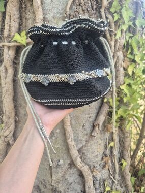 Black Crochet Drawstring Bucket Bag with Silver Trim